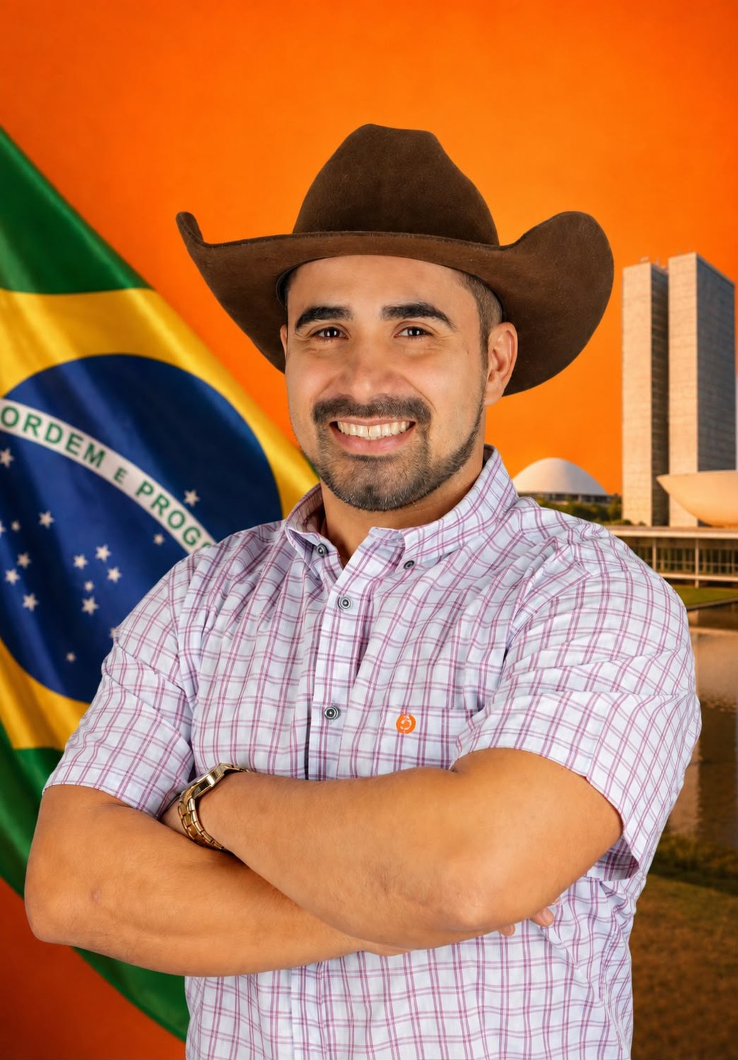 Ulisses do Rodeio com a bandeira do Brasil e o Congresso Nacional ao fundo