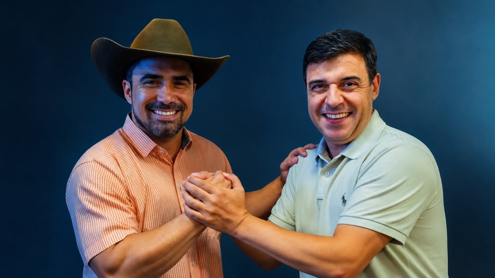 Ulisses do Rodeio, de chapéu, cumprimenta Waldir Filé